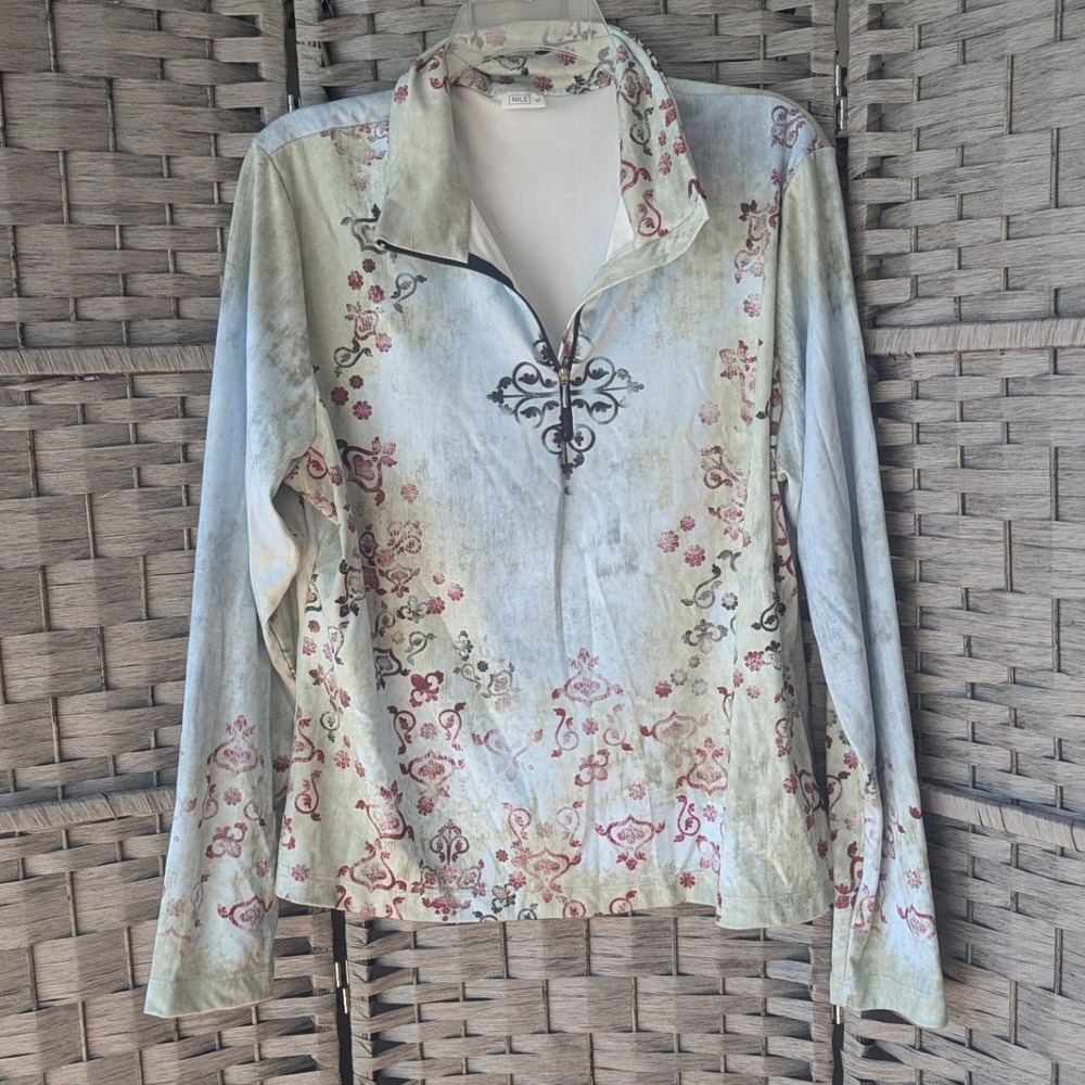 NILS Womens XL Quarter‎ Zip Base Layer Top Distressed Damask Floral Mock Neck